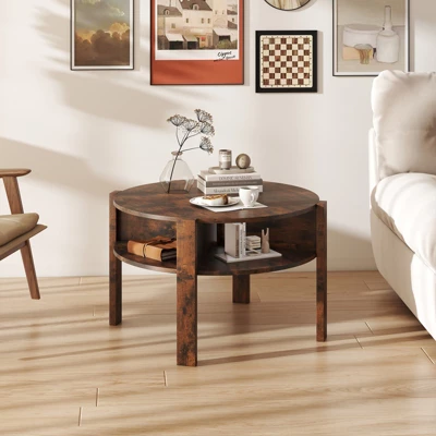 Tangkula Round Coffee Table With 4 Side Compartments 2-Tier Circle Coffee Table 2 Tangkula Round Coffee Table With 4 Side Compartments 2-Tier Circle Coffee Table - Image 2