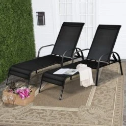 Tangkula 2PCS Adjustable Chaise Lounge Chair Recliner Patio Yard Outdoor W/ Armrest Black
