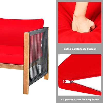 Tangkula Outdoor Patio Wood Conversation Furniture Set Padded Chair With Coffee Table Red/Turquoise 2 Tangkula Outdoor Patio Wood Conversation Furniture Set Padded Chair With Coffee Table Red/Turquoise - Image 2