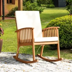 Tangkula Acacia Wood Patio Rocking Chair with Comfortable Seat & Back Cushions