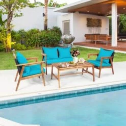 Tangkula 4-Piece Outdoor Rattan Conversation Set with Acacia Wood Frame