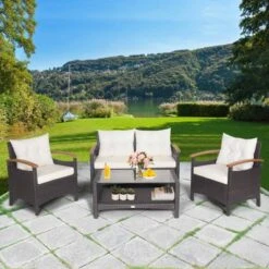 Tangkula 4-Piece Patio Rattan Furniture Set with Cushioned Seating