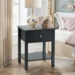Tangkula 2PC End Table Nightstand W/Drawer & Shelf Bedroom Living Room Furniture Black