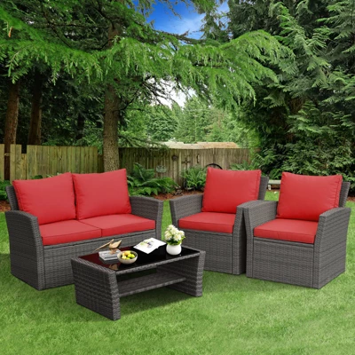 Tangkula 4-Piece Rattan Wicker Patio Outdoor Furniture Sofa Set With Cushions & Tempered Glass Table 4 Tangkula 4-Piece Rattan Wicker Patio Outdoor Furniture Sofa Set With Cushions & Tempered Glass Table - Image 4