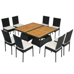 Tangkula 10-Piece Outdoor Rattan Dining Set with 2 Acacia Wood Tables and 8 Cushioned Chairs