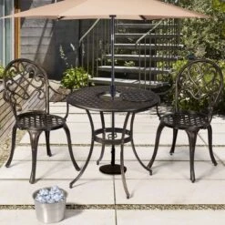 Tangkula Set Of 3 Patio Cast Aluminum Dining Table Chairs Set