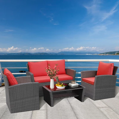 Tangkula 4-Piece Rattan Wicker Patio Outdoor Furniture Sofa Set With Cushions & Tempered Glass Table 2 Tangkula 4-Piece Rattan Wicker Patio Outdoor Furniture Sofa Set With Cushions & Tempered Glass Table - Image 2