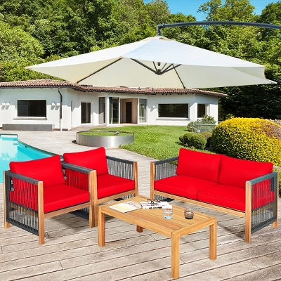 Tangkula Outdoor Patio Wood Conversation Furniture Set Padded Chair With Coffee Table Red/Turquoise 1 Tangkula Outdoor Patio Wood Conversation Furniture Set Padded Chair With Coffee Table Red/Turquoise