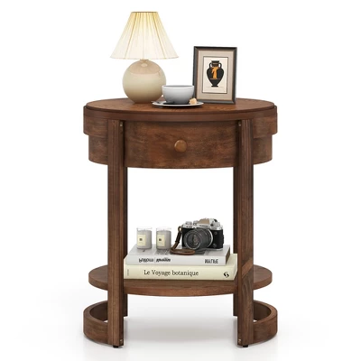Tangkula 2-Tier Nightstand W/ Shelf & Wood Grains Drawer Round White/Brown 10 Tangkula 2-Tier Nightstand W/ Shelf & Wood Grains Drawer Round White/Brown - Image 10