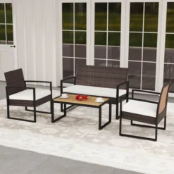 Tangkula Set Of 4 PE Rattan Patio Conversation Set Outdoor Porch Chairs Loveseat With Coffee Table And Soft Cushions Metal Frame