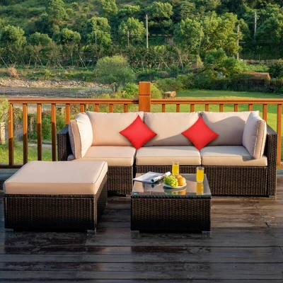 Tangkula 5PCS Rattan Sectional Sofa Set Patio Furniture Set W/ Beige Cushion Pillow 1 Tangkula 5PCS Rattan Sectional Sofa Set Patio Furniture Set W/ Beige Cushion Pillow