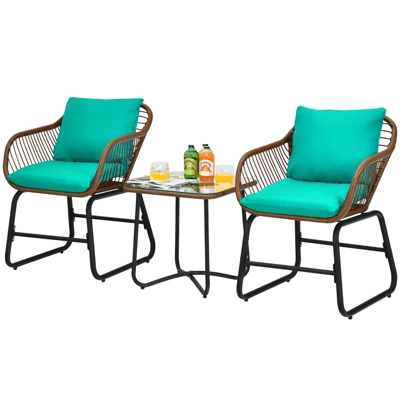 Tangkula 3 Pieces Outdoor Furniture Set Patio Bistro Set W/2 Armchairs & Tempered Glass Table White/Turquoise/Red 2 Tangkula 3 Pieces Outdoor Furniture Set Patio Bistro Set W/2 Armchairs & Tempered Glass Table White/Turquoise/Red - Image 2