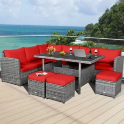 Tangkula 7PCS Rattan Patio Sectional Sofa Set Conversation Set W/ Red Cushions
