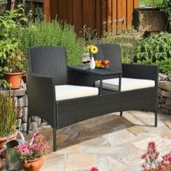 Tangkula Outdoor Rattan Furniture Wicker Conversation Chair with Built-in Table