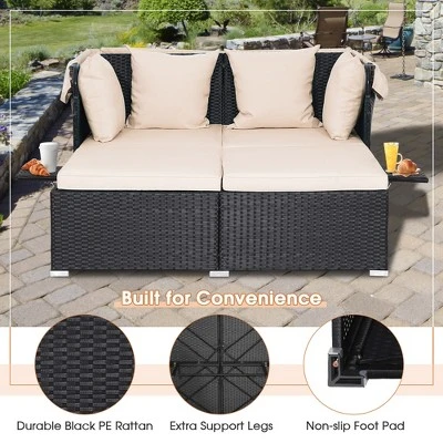 Tangkula Outdoor Wicker Lounge Daybed Hand-Woven PE Rattan Patio Loveseat Sofa Set With Retractable Canopy & 2 Side Tables With Soft Cushions Beige 9 Tangkula Outdoor Wicker Lounge Daybed Hand-Woven PE Rattan Patio Loveseat Sofa Set With Retractable Canopy & 2 Side Tables With Soft Cushions Beige - Image 9