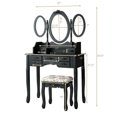 Tangkula Tri-Folding Mirror Vanity Makeup Set Dressing Table & Stool Unit W/ 7 Drawer 2 Tangkula Tri-Folding Mirror Vanity Makeup Set Dressing Table & Stool Unit W/ 7 Drawer - Image 2