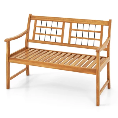 Tangkula Patio Acacia Wood Bench Wooden 2-Person Outside Chair W/Curved Armrests Slatted Seat & Backrest Outdoor Loveseat 8 Tangkula Patio Acacia Wood Bench Wooden 2-Person Outside Chair W/Curved Armrests Slatted Seat & Backrest Outdoor Loveseat - Image 8