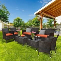 Tangkula 8PCS Patio Rattan Conversation Furniture Set Outdoor W/ Orange Cushion