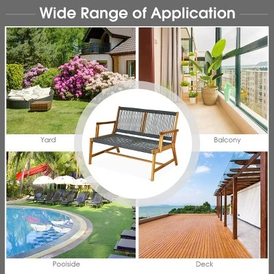 Tangkula 2-Person Outdoor Acacia Wood Bench Patio Loveseat Rope Bench Grey 1 Tangkula 2-Person Outdoor Acacia Wood Bench Patio Loveseat Rope Bench Grey
