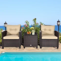 Tangkula 3-Piece Outdoor Wicker Conversation Set with Plush Cushions
