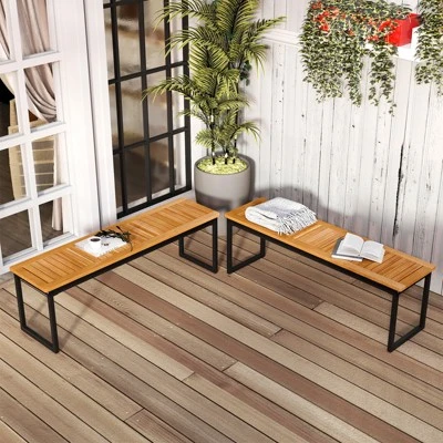 Tangkula 51" Acacia Wood Patio Dining Bench Set - Set of 2 Backless Outdoor Benches 3 Tangkula 51" Acacia Wood Patio Dining Bench Set - Set of 2 Backless Outdoor Benches - Image 3