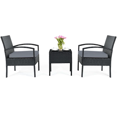 Tangkula 3 Pieces Patio Set Outdoor Wicker Rattan Furniture W/ Cushions Gray 4 Tangkula 3 Pieces Patio Set Outdoor Wicker Rattan Furniture W/ Cushions Gray - Image 4