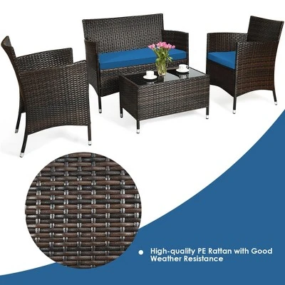 Tangkula 4-Piece Outdoor Rattan Conversation Set with Peacock Blue Cushions 4 Tangkula 4-Piece Outdoor Rattan Conversation Set with Peacock Blue Cushions - Image 4