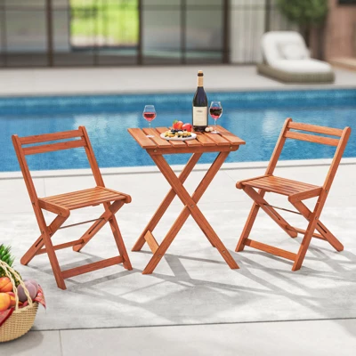 Tangkula 3-Piece Outdoor Wood Bistro Set with Folding Chairs and Dining Table 3 Tangkula 3-Piece Outdoor Wood Bistro Set with Folding Chairs and Dining Table - Image 3