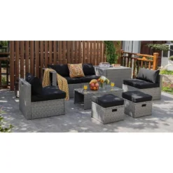Tangkula 8 Pieces All-Weather PE Rattan Patio Furniture Set Outdoor Space-Saving Sectional Sofa Set With Storage Box