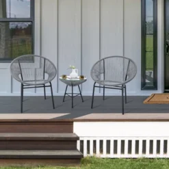 Tangkula 3 Pieces Acapulco Chair Set Wicker Conversation Bistro Set W/ Tempered Glass Table