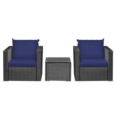 Tangkula 3-Piece Outdoor Rattan Conversation Set - Navy Blue Cushions 10 Tangkula 3-Piece Outdoor Rattan Conversation Set - Navy Blue Cushions - Image 10