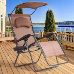 Tangkula Reclining Zero Gravity Chair with Sunshade and Side Tray - Brown