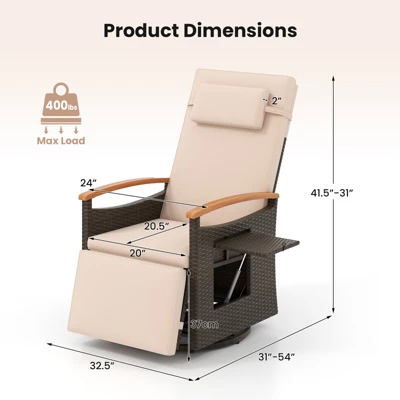 Tangkula 2-Piece Outdoor 360° Swivel Rattan Recliner Set with Side Table 8 Tangkula 2-Piece Outdoor 360° Swivel Rattan Recliner Set with Side Table - Image 8