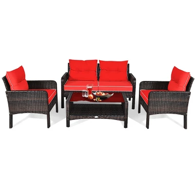 Tangkula 4 Piece Patio Conversation Set Rattan Wicker Loveseat Sofa Coffee Table & Glass Top Red/Turquoise Cushions 8 Tangkula 4 Piece Patio Conversation Set Rattan Wicker Loveseat Sofa Coffee Table & Glass Top Red/Turquoise Cushions - Image 8