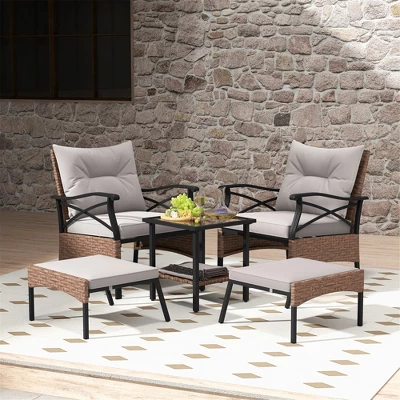 Tangkula 5-Piece Wicker Patio Furniture Set: 2 Rattan Chairs, Ottomans & 2-Tier Side Table 2 Tangkula 5-Piece Wicker Patio Furniture Set: 2 Rattan Chairs, Ottomans & 2-Tier Side Table - Image 2