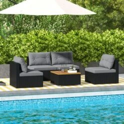 Tangkula Set Of 5 Rattan Sofa Set Outdoor Wicker Furniture Set W/Seat & Back Cushions Square Coffee Table Patio Sofa Set Gray
