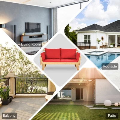 Tangkula Adjustable Patio Sofa Daybed Acacia Wood Furniture W/ Red Cushions 4 Tangkula Adjustable Patio Sofa Daybed Acacia Wood Furniture W/ Red Cushions - Image 4