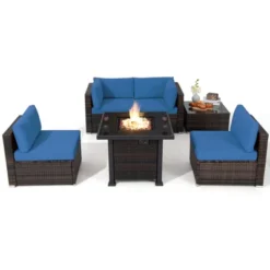Tangkula 6 Piece Patio Wicker Conversation Set, Outdoor Rattan Sofa Set W/ 32" Propane Fire Pit Table, 50,000 BTU Heat, Tempered Glass Tabletop Black/Navy Blue/Red/Turquoise/Off White -Tangkula Shop GUEST 245ba2c3 4f6f 49f9 9259 cbd885f7a4c4