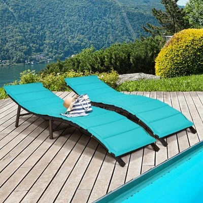 Tangkula 2PCS Outdoor Patio Rattan Wicker Lounge Chair Chaise Folding W/Cushions Turquoise 3 Tangkula 2PCS Outdoor Patio Rattan Wicker Lounge Chair Chaise Folding W/Cushions Turquoise - Image 3