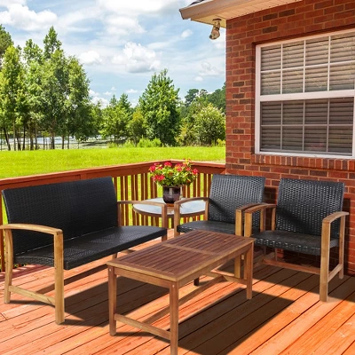 Tangkula 4-Piece Patio Conversation Set with Acacia Wood and PE Rattan 2 Tangkula 4-Piece Patio Conversation Set with Acacia Wood and PE Rattan - Image 2