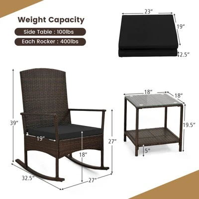 Tangkula 3 PCS Rocking Set Wicker Rocking Chairs W/ 2-Tier Coffee Table Patio Black 8 Tangkula 3 PCS Rocking Set Wicker Rocking Chairs W/ 2-Tier Coffee Table Patio Black - Image 8