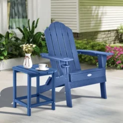 Tangkula Folding Adirondack Chair Set with Side Table and Cup Holder - Navy HDPE