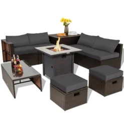 Tangkula 9 PCS Outdoor Patio Furniture Set W/ 30" Propane Fire Pit Table PE Wicker Space-Saving Sectional Sofa W/ Storage Box And Cushions Black/Gray/Navy/Red/Turquoise/Off White -Tangkula Shop GUEST 256554c0 edc4 4364 9d04 2dc674b71ea6