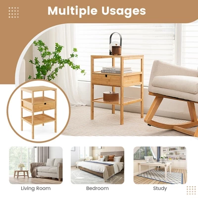 Tangkula Bamboo Nightstands Set Of 2 W/ Pull-out Drawer And Storage Shelf Wood Natural 7 Tangkula Bamboo Nightstands Set Of 2 W/ Pull-out Drawer And Storage Shelf Wood Natural - Image 7