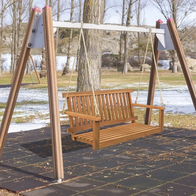 Tangkula 2-Person Acacia Wood Outdoor Porch Swing Patio Hanging Bench Chair Natural 2 Tangkula 2-Person Acacia Wood Outdoor Porch Swing Patio Hanging Bench Chair Natural - Image 2