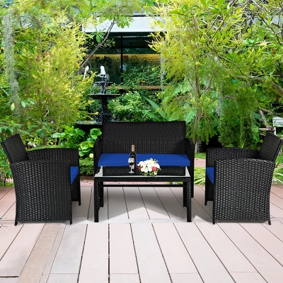 Tangkula 4 Piece Outdoor Patio Rattan Furniture Set Navy Cushioned Seat For Garden, Porch, Lawn 2 Tangkula 4 Piece Outdoor Patio Rattan Furniture Set Navy Cushioned Seat For Garden, Porch, Lawn - Image 2