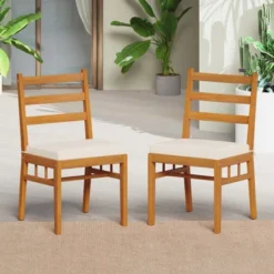 Tangkula Solid Acacia Wood Patio Chair Set Of 2 W/ Padded Seat Cushions