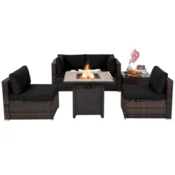 Tangkula 6 PCS Patio Wicker Furniture Set With 30" Gas Fire Pit Table 50,000 BTU Black/Red/Turquoise/Navy/White Cushions -Tangkula Shop GUEST 26ab4e75 f6c3 4077 b9d7 7809e0d579dc