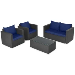 Tangkula Set Of 4 Patio Rattan Conversation Furniture Set Outdoor Wicker Sofa Set With Padded Cushion & Tempered Glass Coffee Table Navy -Tangkula Shop GUEST 26bb4e4d 6c99 4c8f 929b 36e6a43920fc