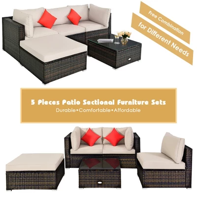 Tangkula 5PCS Rattan Sectional Sofa Set Patio Furniture Set W/ Beige Cushion Pillow 4 Tangkula 5PCS Rattan Sectional Sofa Set Patio Furniture Set W/ Beige Cushion Pillow - Image 4